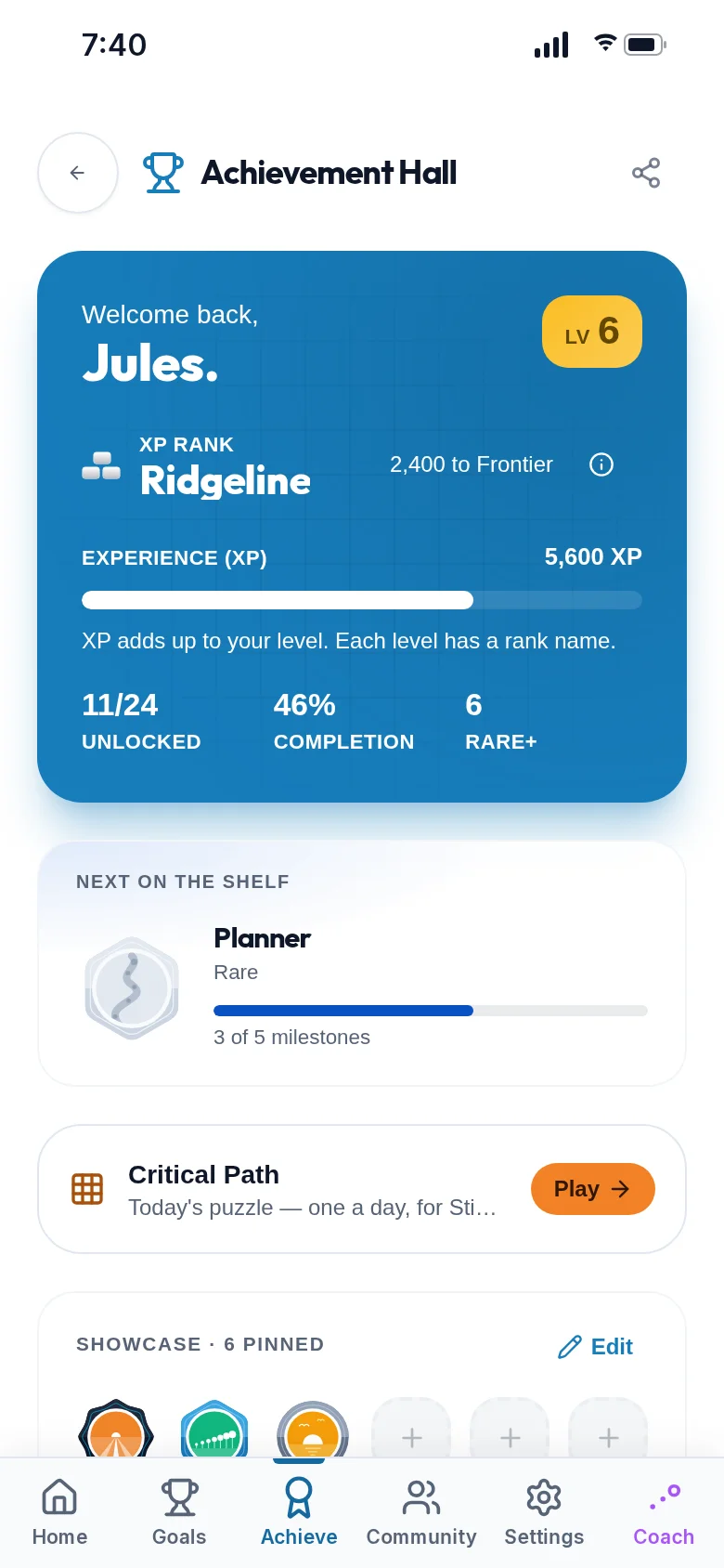 Achievement Hall showing rank Ridgeline at level 6, 5,600 XP, and 11 of 24 badges unlocked.