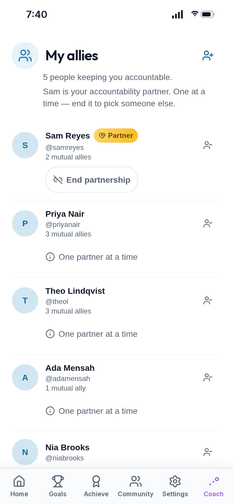 My Allies: five people keeping you accountable, with Sam Reyes as accountability partner.