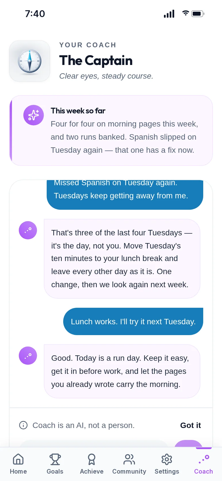 Coach, in the Captain's voice, suggesting one small schedule change after a user misses Spanish practice on Tuesdays.
