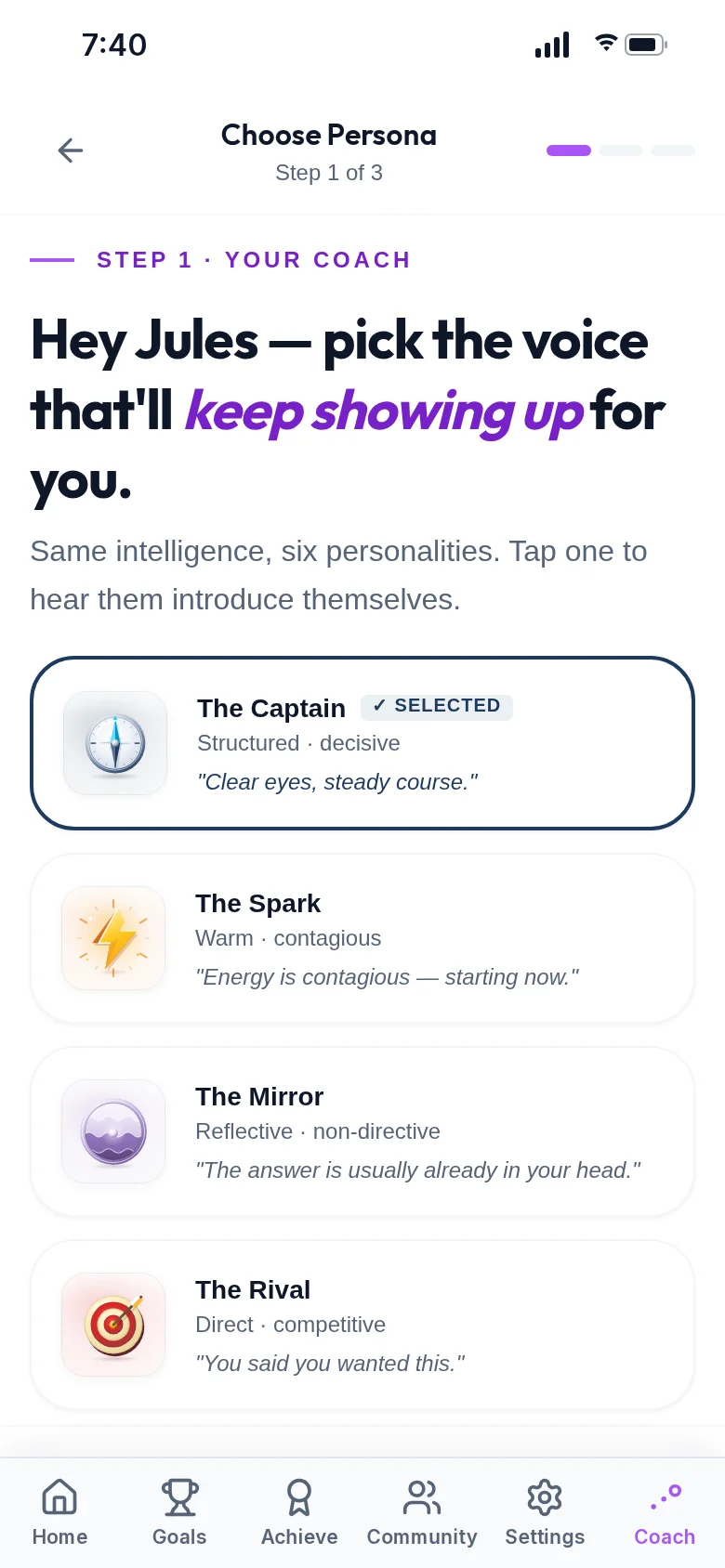 Choosing a Coach persona: The Captain is selected, with The Spark, The Mirror and The Rival below.